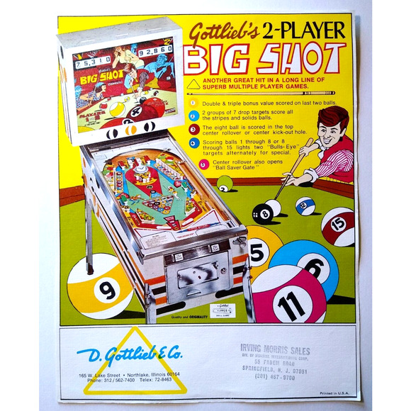 Big Shot Pinball Flyer Original Game Art Retro Flipper Game Billiards Pool 1974 - Picture 1 of 2